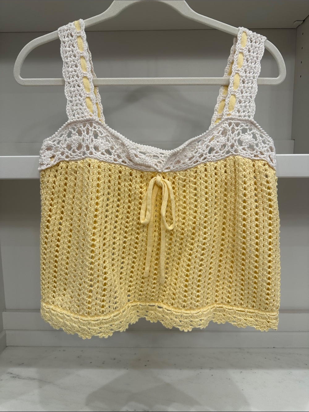 Small Crochet Tie-Front Tank Top - Yellow & White. Like new